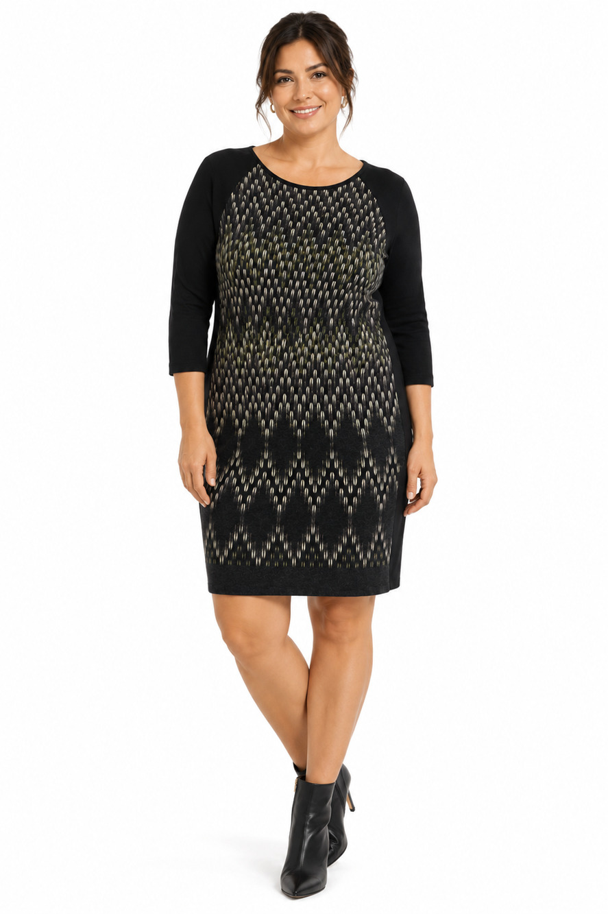 Aryeh Thin Raglan Sweater Knit Black Purple Print 3/4 Sleeve Dress sz XL